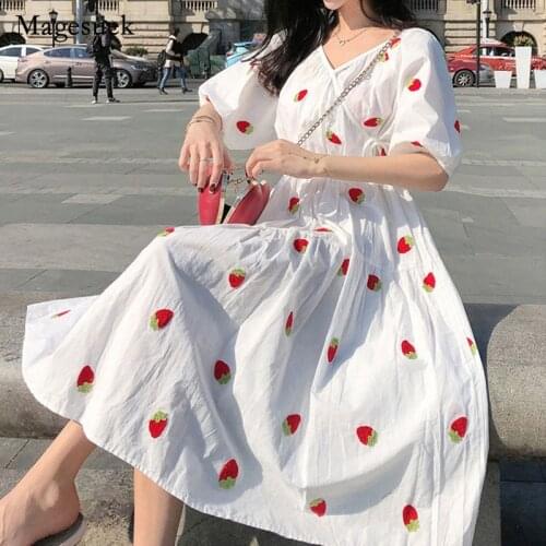 Plus Size V-Neck White Strawberry Dress Women Vintage Cotton Summer Dress New Lantern Sleeve Women Dresses 2021 Vestidos 9372