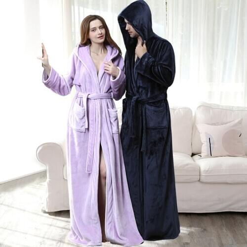 Couples Winter Cap Thickened Extra Long Flannel Nightgown Womens Warm Pajamas Mens Large Coral Velvet Bathrobe