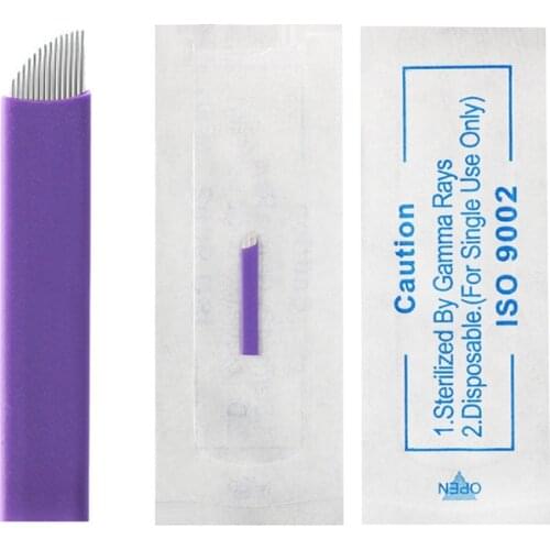 0.2mm 100pcs Tattoo Needle Accessories Permanent Makeup Sterilized Purple 14pins Super sharp Microblading Blade For Eyebrow Lip