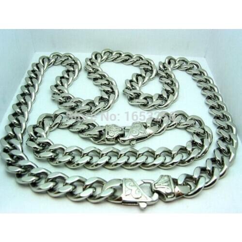 11mm / 15mm Choose Wide Pure Stainless Steel Jewelry Set Necklace & Bracelet Cuban Curb Chain Shiny Cool Clasp
