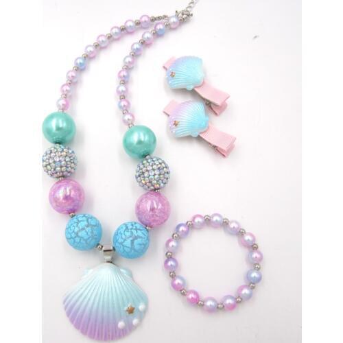 2020 Fashion Child Jewelry Girls Chunky Bubblegum Beads Toddler Pearl Necklaces Bracelet Hairpin 3pcs/Set Birthday Gift For Kids
