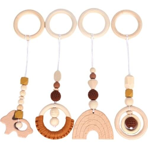 4 Pcs/Set Baby Play Gym Frame Stroller Hanging Pendants Wooden Ring Teether Molar Teething Nursing Rattle Toys Gifts Infant Room