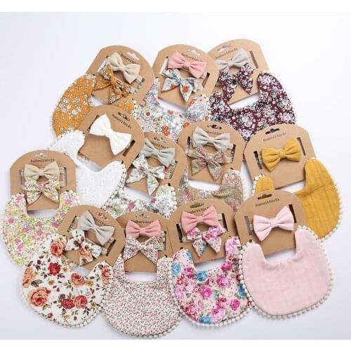 6Set Baby Headband Floral Prints Newborn Double Side Bibs Boys Girls Bandana Burp Cloths Feeding Smock Stuff Baby Girls Headwear