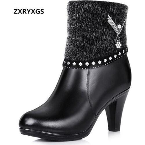 Noble Elegant Fashion Shoes Wool Warm Winter Boots Women Boots 2021 New Winter Genuine Leather Shoes Woman High Heels Snow Boots
