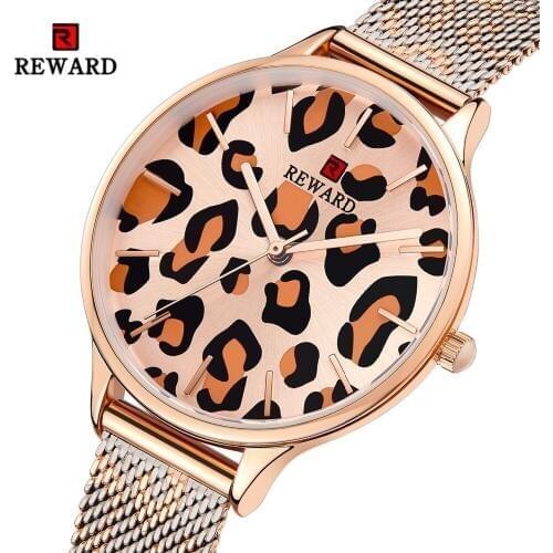 New REWARD Womens Watches Leopard print Steel Mesh Watch Women Fashion Ultra-thin Watches Japanese Movement 3ATM Ladies Clock