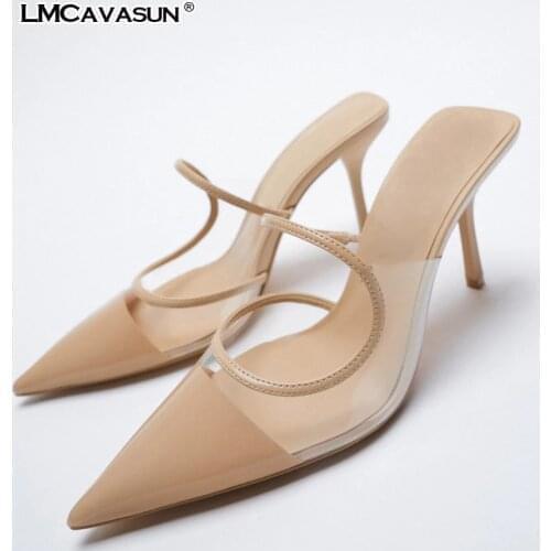 LMCAVASUN New spring womens shoes elegant high heels Paneled pointed toe stiletto sandals