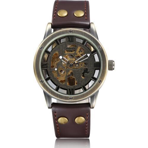 Gorben Brown/Black Leather Strap Automatic Mechanical Watch Skeleton Mens Watch Waterproof Sport Casual Male Wrist Watch