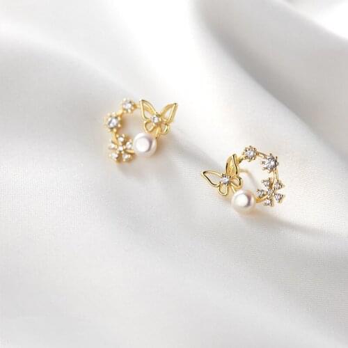 KAMIRA 925 Sterling Silver Sweet Hollow Butterfly Pearl White Zircon Stud Earrings for Women Korean Trendy Wedding Jewelry New