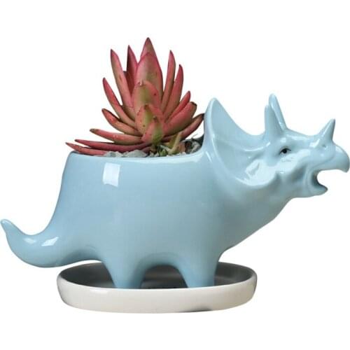 Ceramic Triceratops Flowerpot With Tray Creative Dinosaur Flowerpot Succulent Garden Desktop Decoration-White