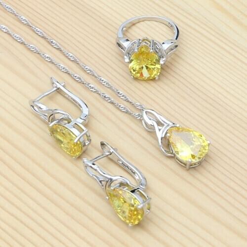 Bright Yellow Cubic Zirconia Water Drop Jewelry Set 925 Sterling Silver Earrings Ring Pendant Chain Woman Party Accessories