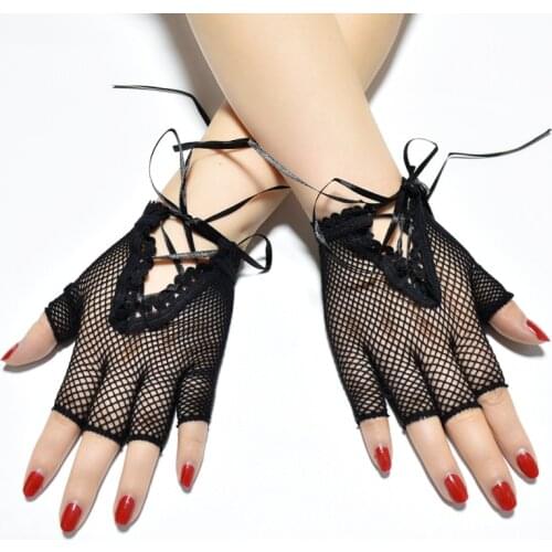 Short Fishing Net Mesh Hollow Transparent Sexy Lacing Black Half Finger Gloves Elasticity Cosplay Theme Party Bar Pole Dance