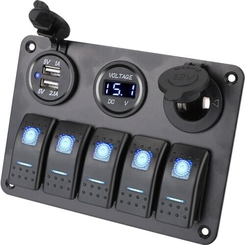 LEEPEE 5 Gang LED Rocker Switch Panel Dual USB Slot Socket Digital Voltage Waterproof 12/24V Outlet Combination