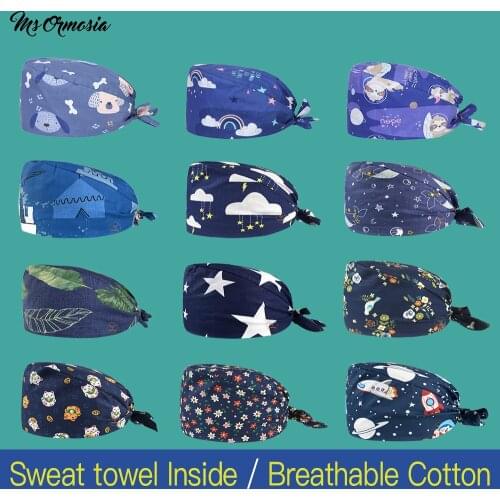 Fashion cotton Lucky Cat cartoon print hats adjustable scrub hat beauty salon working hat laboratory pet shop scrub caps Custom