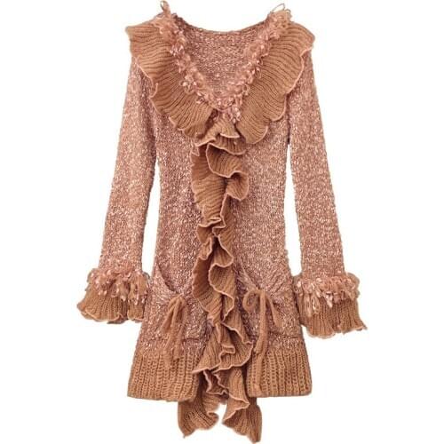 Fashion Knit Cardigan Sweater Womens 2018 Autumn Winter New V-Neck Long Ruffled Long Sleeve Slim Coat Womens Single Breasted