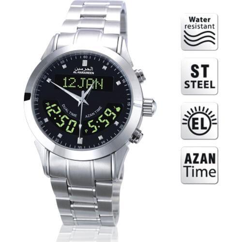 Muslim Wristwatch Islamic Azan Watch Stainless Steel Automatic Mosque Prayer Clock Watch