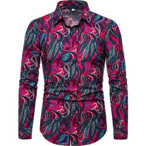 Asian Size Men Autumn Long-sleeve Print Shirt Men Leisure Slim Shirt Plus Size