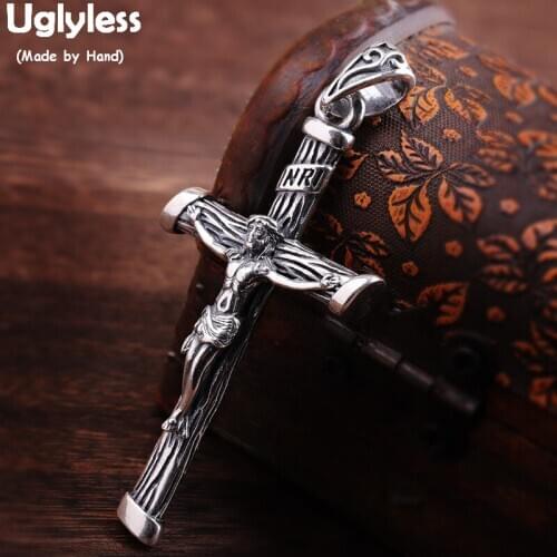 Uglyless Christian Jesus Cross Pendants for Men Religious GOD BLESS U Necklace NO Chain Real 925 Silver Thai Silver Jewelry P779