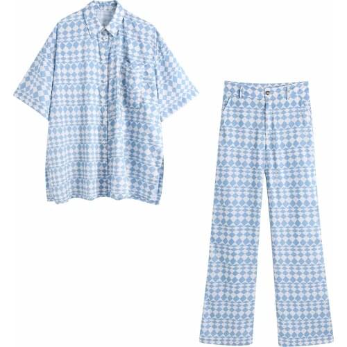 ZA New Spring Summer Women Retro Printing Simple Style Short Long Sleeve Shirt And High Waist Casual PpantsXITIMEAO