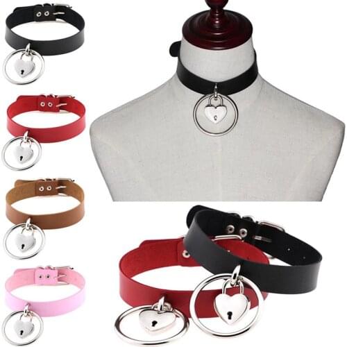 2021 Punk PU Leather Heart Lock Collar Metal Padlock Choker Necklace Gothic Jewelry Birthday Party Gift