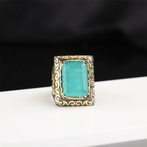 Paraiba Tourmaline Ring, Mens 925 Silver Handmade Ring, 18 K Gold Plated Large Blue Ring