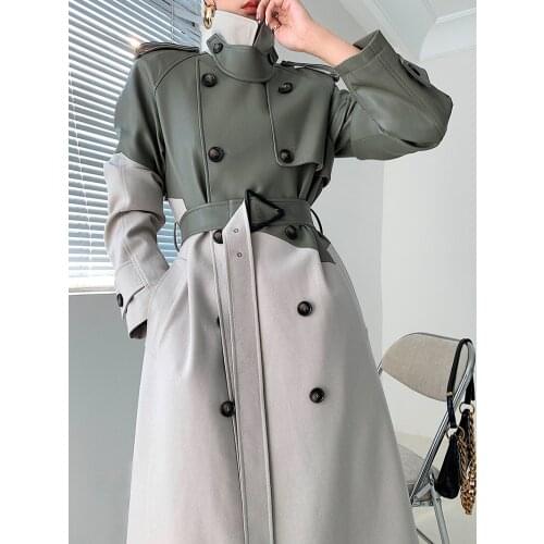 2021 New Fall Winter Faux Leather Trench Coat For Women Stylish Block Color Bleted Raincoat Ladies Long PU Windbreaker Jacket