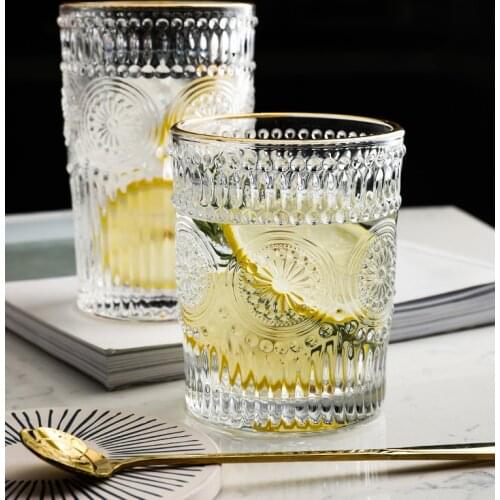 Transparent Sunflower Shape Round Water Cup With Retro Embossed Phnom Penh For Breakfast Juice Milk Cup Whiskey Cocktail Glass