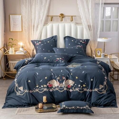 Luxury 600TC Egyptian Cotton Swan Flowers Embroidery Princess Bedding Set Duvet Cover Flat/Fitted Sheet Pillowcases Home Textile