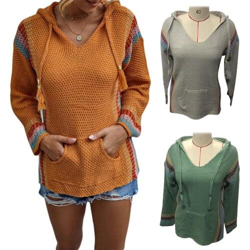 Hooded Women Sexy Loose V Neck Long Sleeves Hollow Stripes Pocket Knit Sweater Hoodie 2020 Autumn V Neck Hooded Sweater Women