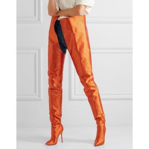 2018 Newest Pointed Toe Ladies Stiletto Boots Women Fashion Waist Boots Orange Leather Female Party Sexy High Heel Boots Size 42