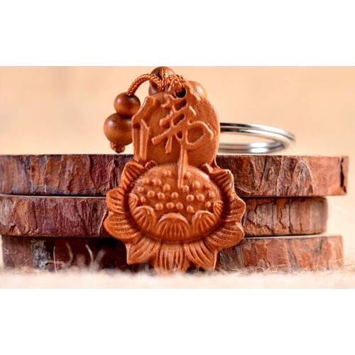 Collectable Chinese Wood Carved Buddha Word Lotus Flower Carrying Blessing Safe Exquisite Small Pendant Statues