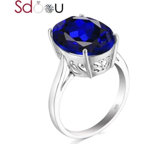 SDOOU Real Sterling Silver Rings For Women Classic Oval Stone Blue Sapphire 925 Silver Ring Creative Fine Jewelry Party Gift New