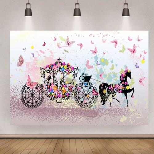 Fairy Tale Princess Carriage Butterfly Photography Background Birthday Party Backdrop for Photo Studio Vinyl Photocall Banner
