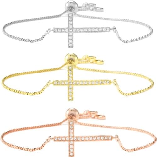 CZ Zircon Crystal Cross Pendant Bracelet Copper Chain Cross Charm Adjustable Bracelets for Women Jewelry