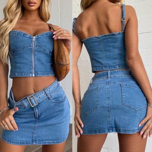 Women Sexy Denim Blue Vest Camis Summer Adjustable Sling Backless Slim Front Zipper Casual Street Skirt