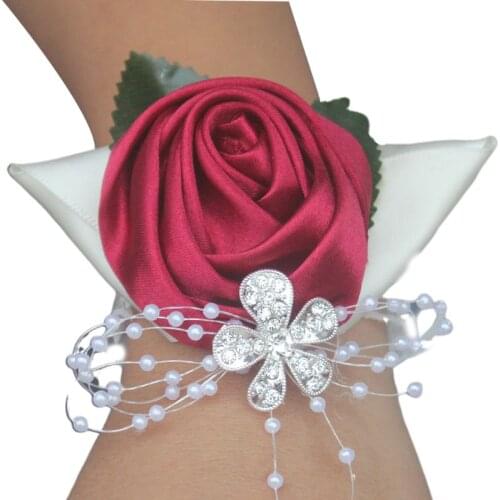 Handmade Satin Rose Wrist Corsage Wedding Prom Party Bridesmaid Bridal Wrist Flower Faux Pearl Beaded Stretch Bracelet
