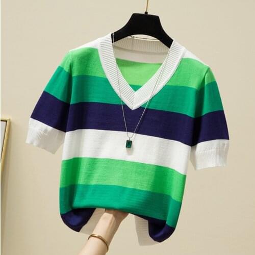 LJSXLS 2021 Summer Thin Women Sweater Contrast Color Striped Short Sleeve Sweaters Knitted V-Neck Elasticity Pullovers Top Femme