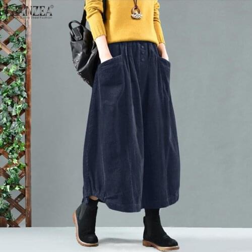 Kaftan Corduroy Skirts 2021 Women Autumn Sundress ZANZEA Casual Elastic Waist Maxi Vestidos Female Solid Robe Femme Faldas Saia