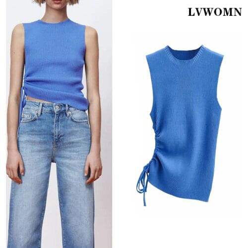 LVWOMN Za Women Knit Vests Top 2021 Summer O Neck Hollow Drawstring Sleeveless Pullovers Women Clothing Top Chic Sexy Streetwear