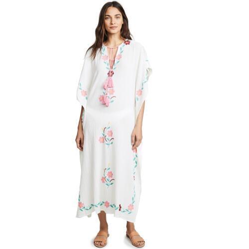 Womens Boho Dress V-neck Lace Up Maxi White Dress Bat Sleeve Loose Embroidery Dress Oversized Holiday Chic Dress Casual Robes