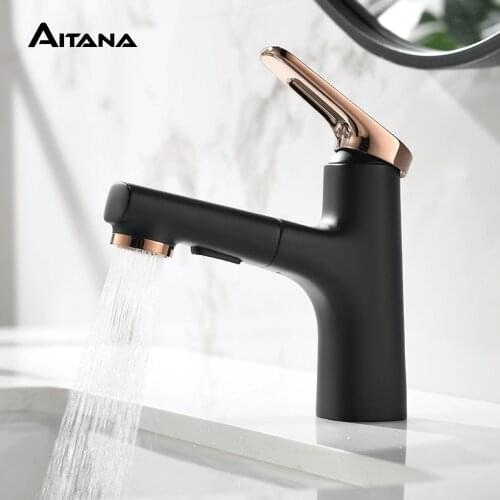 Brass rose gold bathroom pull-out cold and hot water multifunctional basin faucet