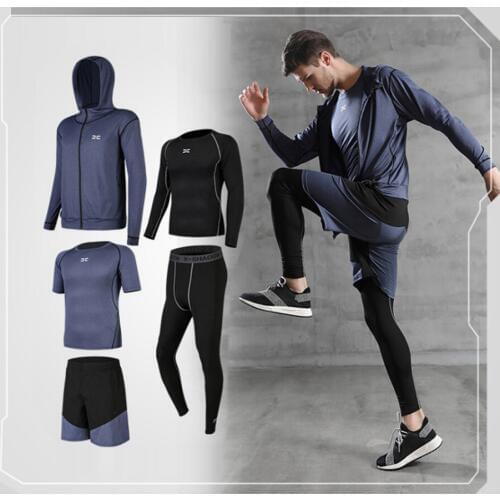 5pcs / set mens tracksuit workout gym fitness compression sports suit clothes running jogging sport wear exercise tights