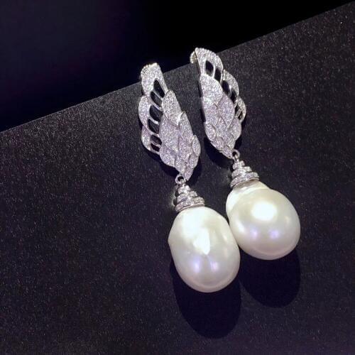 Baroque natural fresh water pearl drop earring long earring 925 sterling silver with cubic zircon feather fine women jewelry