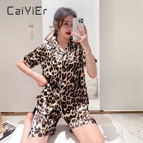 CAIYIER Newest Silk Pajamas Summer Sexy Short Sleeve Brown Leopard Sleepwear Suit Women Cartoon Bear Print Silk Satin Nightgown