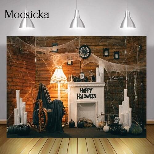 Halloween Portrait Backdrop Horrifying Ghost White Fireplace Background Studio Pumpkin Cobweb Happy Halloween Photography Props