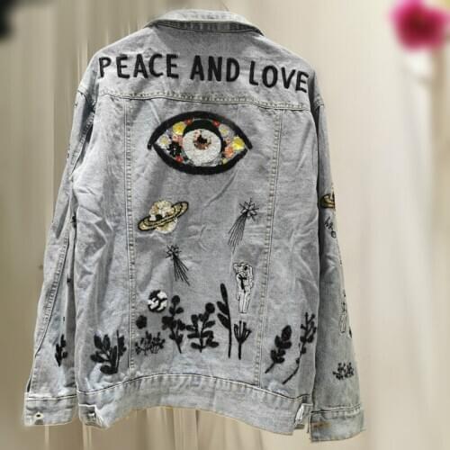 Harajuku Plus Size Autumn Denim Coat Sequin Jacket Women Embroidery Turn Down Collar Loose Student Jeans Jacket Women Clothes