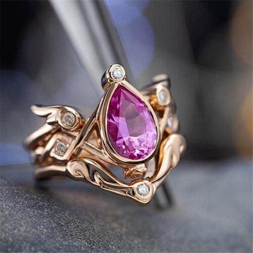 Vintage Female Angel Wing Jewelry Rose Gold Color Wedding Rings For Women Charm Rose Red Crystal Engagement Valentines Day Gifts