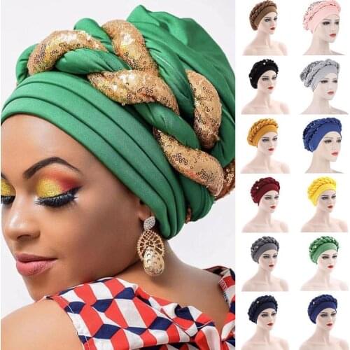 Muslim Cap Turban Cap Latest Shinning Sequins African Female Head Wraps Fashion Twist Braid Hat