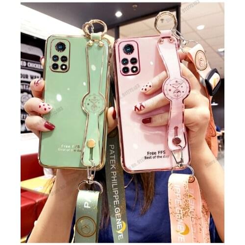 For Xiaomi Mi 11 10T Pro 10s Plating Soft Silicone Stand Phone Case For Redmi K40 pro note 9 pro 5G Crossbody Wrist Strap Cover