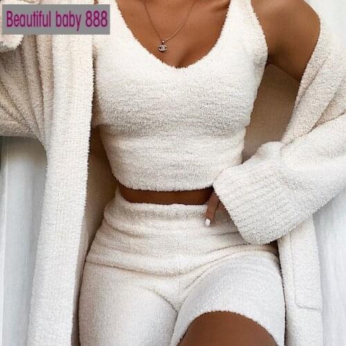 Meqeiss 2020 New Autumn Fur Two Piece Outfits Sexy Sleeveless Crop Tops Women Outfits Top and High Waist Shorts Party Clubwear