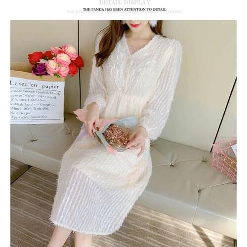 2021 Spring And Summer New Lace Bottomed V-neck Lantern Sleeve Elastic Waist Adjustable Loose Umbrella Dress Medium Length